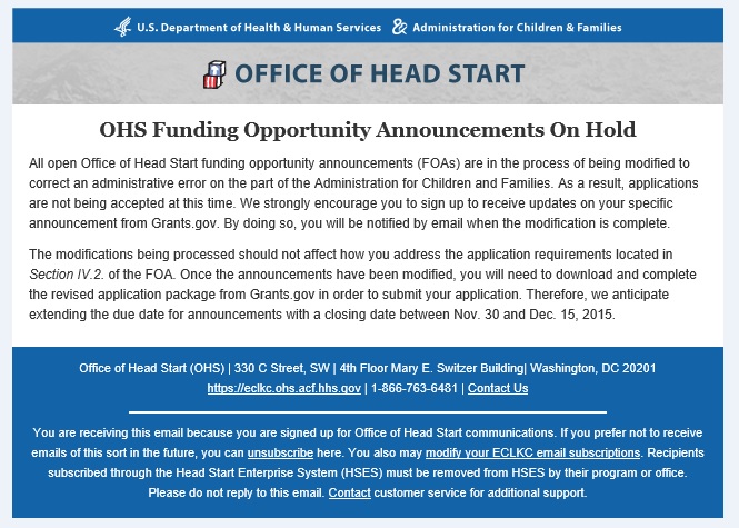 OHS Funding Opportunity Announcements On Hold